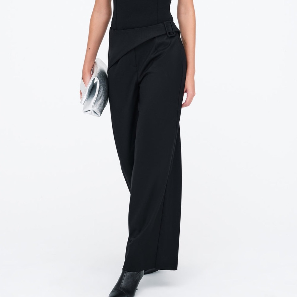 Marcella Black Straight Wide Leg Asymmetrical Waist Panel Jordan Pants Trousers - Picture 2 of 14